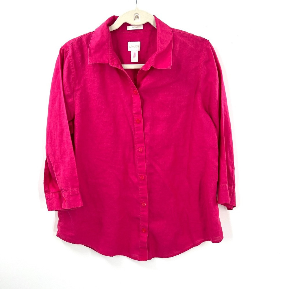 Chico's no iron bright pink 100% linen button up minimalist quiet luxury shirt 1